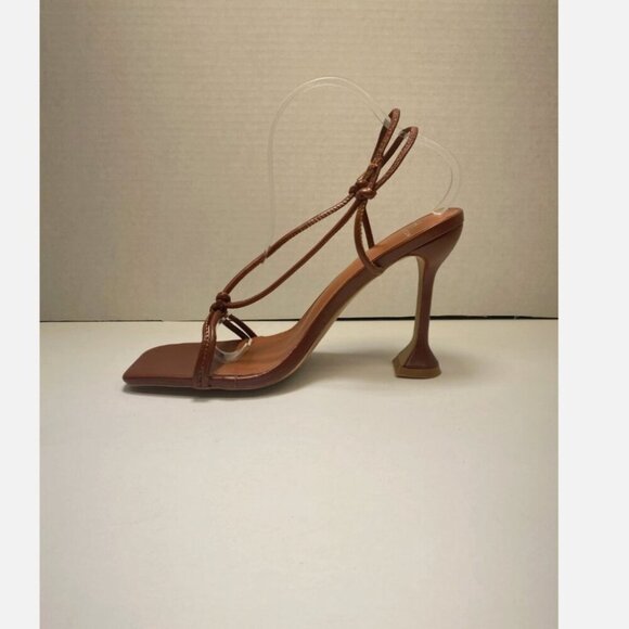 Halston Picasso‎ Lace Up Sandal Spool Heel Square Open Toe Tan Brown 7 - Picture 2 of 7